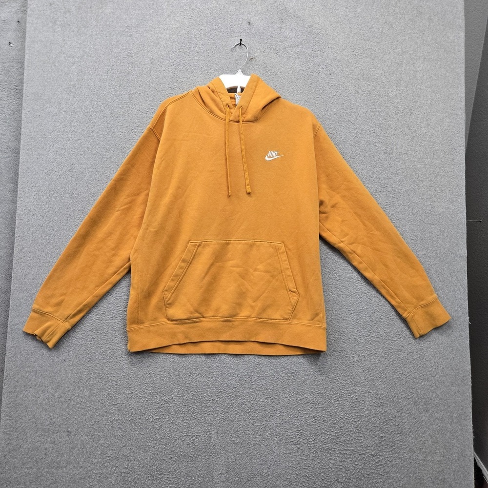 Nike Men Hoodie L Yellow Embroidered Fleece Pullover Hoodie Drawstring Hooded